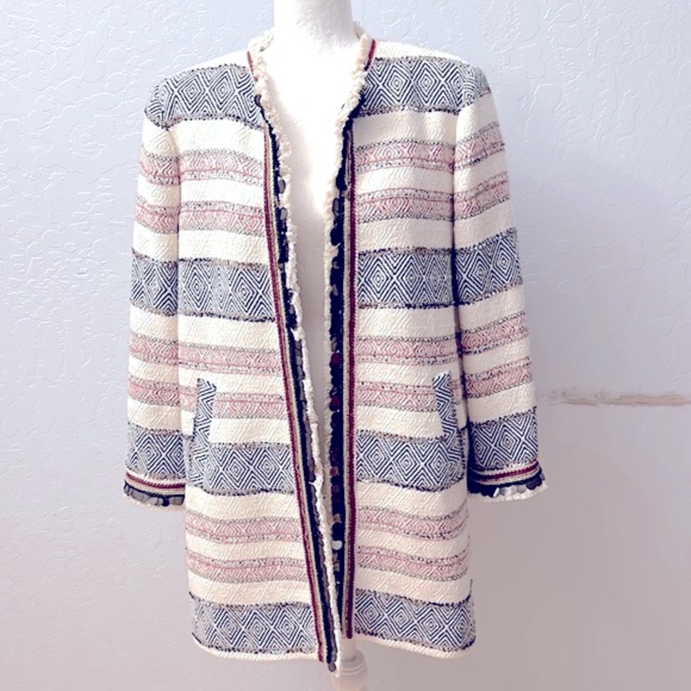 Zara Cream, Black & Blush Striped Tweed Trench Coat
